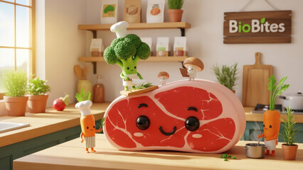 A whimsical kitchen scene featuring cartoon vegetables and meat with smiling faces