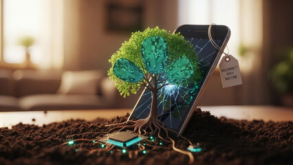 A smartphone with a tree growing out of it, symbolizing eco-friendly technology and sustainable living.