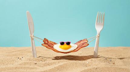 A sunny fried egg wearing black sunglasses relaxes on a crispy bacon hammock strung between a plastic fork and knife on warm sandy beach evoking playful summer joy
