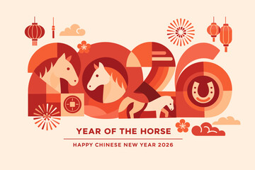 Chinese new year 2026 year of the horse illustration. Lunar new year celebration typography with horse symbols and festive elements