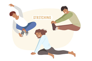 Stretching exercises are used by people doing fitness and pilates during sports training. Woman and two men teach stretching, which helps get rid of body pain and improve person well-being.