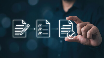 Businessman confidently pointing at illuminated white icons representing document drafting checklist review and approved file with checkmark on dark bokeh background