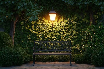 Ornate metal bench illuminated by a warm street lamp in a lush green garden at dusk light night