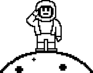 Fototapeta premium Pixel art astronaut standing on a planet surface, space exploration concept with retro 8 bit