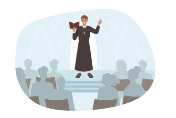 Catholic priest reads sermon in church, standing on stage in front of parishioners. Christian priest with bible in hands preaches about importance of faith in god and studying gospel