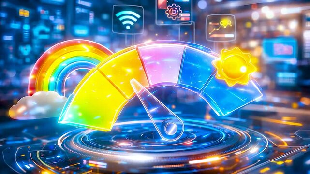 Glowing Digital Weather Analytics Dashboard with Colorful Forecast Gauge Data Indicators and Smart Environmental Monitoring Technology Interface
