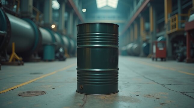 Barril de petr&oacute;leo en suelo industrial, concepto de suministro energ&eacute;tico global
