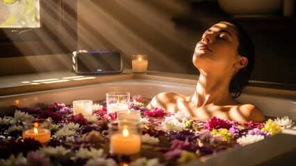 A serene woman relaxing in a bathtub filled with flowers and candles