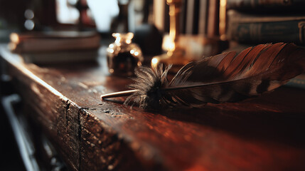 inkwell. A vintage desk featuring a feather quill and inkwell, illuminated by warm side lighting. real-estate listings.
