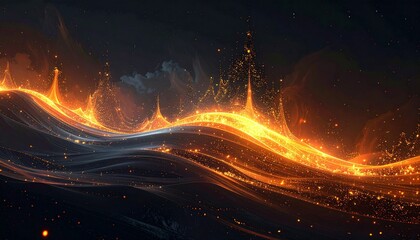 Obraz premium Glowing abstract data waves in blue, orange, and gold on dark background.