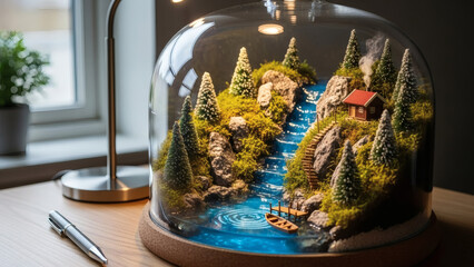 A miniature mountain landscape inside a glass globe on a wooden desk with a lamp and pen