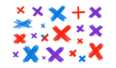Hand-drawn colorful crosses and plus signs scattered on a white background