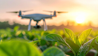 Drone's Aerial Vision: A high-tech drone hovers above a vibrant field of crops, its camera lens capturing the landscape in the warm glow of the sun, symbolizing innovation in agriculture.