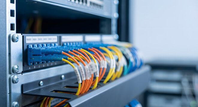High-speed colorful fiber optic cables plugged into data center patch panel.