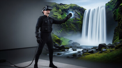 A person wearing a virtual reality headset standing in front of a large screen displaying a beautiful waterfall scene