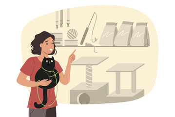 Pet shop is visited by woman holding cat in arms and choosing toy or healthy food. Young girl, guardian of black kitten, walks through pet shop and points finger at mouse for games.