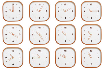 Minimalist grid of twelve square clocks showing 10:00 to 10:55 or 22:00 to 22:55 isolated on white background.