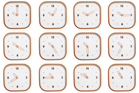 Minimalist grid of twelve square clocks showing 10:00 to 10:55 or 22:00 to 22:55 isolated on white background.