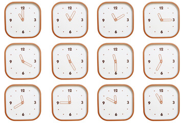 Minimalist grid of twelve square clocks showing 11:00 to 11:55 or 23:00 to 23:55 isolated on white background.