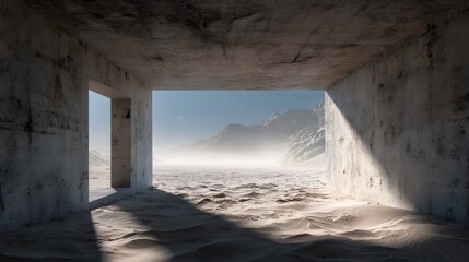 Obraz premium Abstract concrete rectangular structures framing view of dusty desert landscape with harsh sunlight and strong shadows in geometric style.