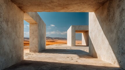 Abstract concrete rectangular structures framing view of dusty desert landscape with harsh sunlight and strong shadows in geometric style.