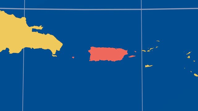Puerto Rico on Globe. Animated zoom into the country in Ocean Blue Golden Yellow color palette. Puerto Rico logo animation. Map with meridians, parallels. Neat video.