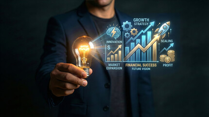 Businessman hand holding virtual glowing arrow up icon, representing business growth, financial performance, investment success and positive economic trend with percentage symbols.