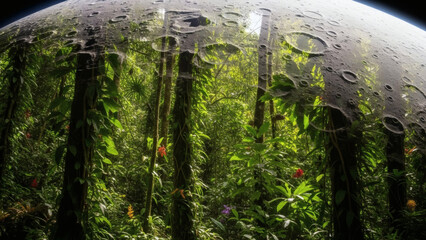 A close-up view of raindrops on a transparent dome overlooking a lush green forest with vibrant foliage and colorful flowers.