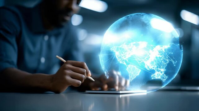 A close up of hands using a tablet, overlayed with a digital world map and network lines symbolizing international data exchange. The image highlights advanced communication and digital transformation