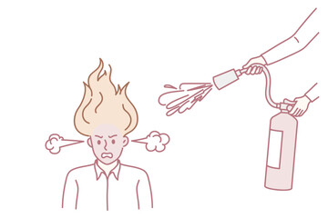 Emotional stress and over work concept. Stressed furious angry man office worker standing with human hand trying to water fire in his head vector illustration