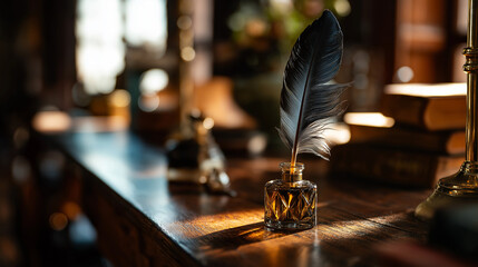 inkwell. A vintage desk featuring a feather quill and inkwell, illuminated by warm side lighting. real-estate listings.