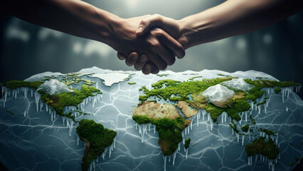 Two hands shaking above a frozen globe with icicles hanging from it