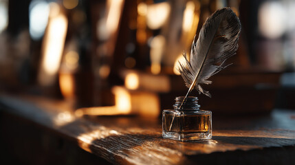 inkwell. A vintage desk featuring a feather quill and inkwell, illuminated by warm side lighting. real-estate listings.