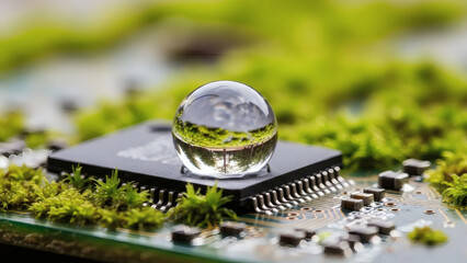 A close-up of a computer chip with a glass sphere on top, surrounded by moss and greenery, symbolizing technology and nature.