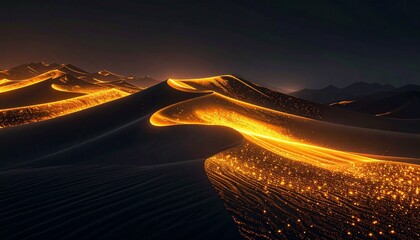 Glowing dunes traced with golden light in surreal digital nightscape.