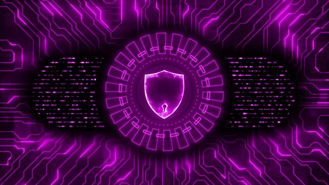 Pink color data transfer rotating HUD animation with cyber security data protection glowing 3d shield hi tech design black technology background