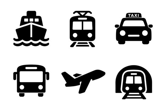 Transport travel icon collection in black. Set of ship, tram, taxi, bus, airplane, subway
