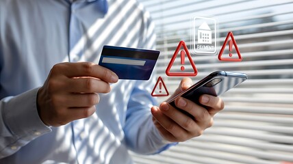A person holding a credit card and a mobile phone with warning signs indicating potential security threats in a well-lit office environment