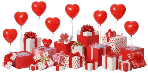 Valentine PNG, Abundant grouping of red and white wrapped gift boxes and floating heart shaped balloons creating festive and romantic background for celebrations