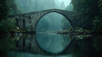 Fototapeta premium Ancient stone arch bridge crossing calm river in heavy fog with moody atmospheric mysterious green tones and serene landscape photography.