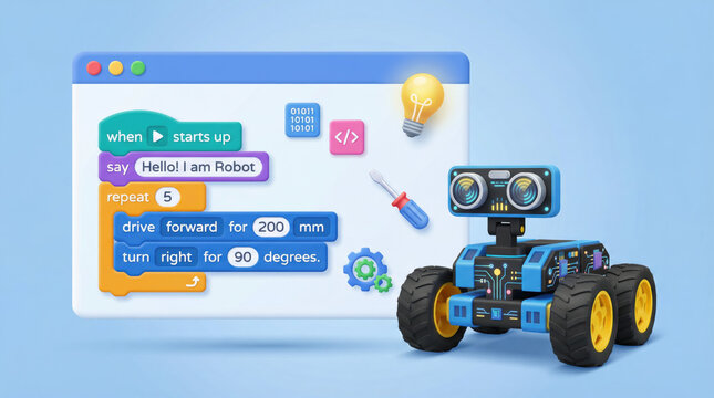 Friendly blue robot car with chunky yellow wheels beside a colorful block based coding interface and playful icons inspiring curiosity in kids and STEM learners
