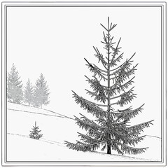 Monochrome Illustration of Evergreen Trees in a Winter Landscape.