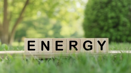 A close-up photograph of wooden blocks spelling the word energy in a serene outdoor setting with lush green grass and trees in the background