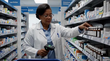 pharmacist verifying medications, medication check by professional, pharmacist scans and organizes medicine bottles carefully, dedicated pharmacist ensures safety during inventory review