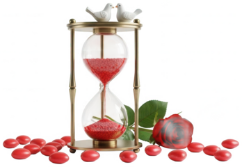 Valentine PNG, Antique gold hourglass with red sand and white doves beside red rose