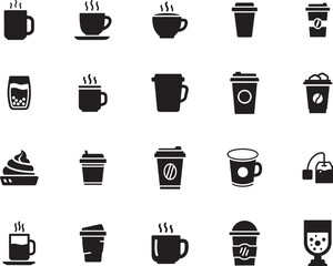 Obraz premium Coffee Cup and Beverage Silhouette icon collection. Includes Silhouette symbols cup, mug, tea, steam, cafe and more. Isolated icons. Coffee and Beverage icon set. 