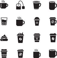 Coffee Cup and Beverage Silhouette icon collection. Includes Silhouette symbols cup, mug, tea, steam, cafe and more. Coffee and Beverage icon set. Minimalist icons pack.