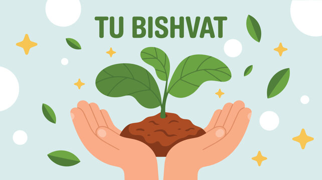 Tu Bishvat Jewish holiday illustration with hands holding growing plant symbolizing nature, sustainability, ecology and new year of trees