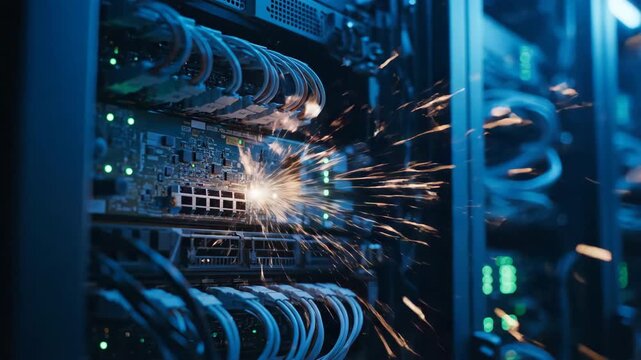 Electrical sparks erupt from server equipment in a dark data center with blue lighting.