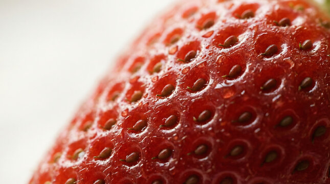 photorealistic extreme macro shot of the red surface of a fresh ripe strawberry showing detailed texture of the skin and small seeds or achenes with soft natural lighting